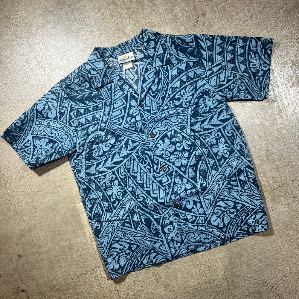 Vintage Hanalei Youth 14 Aloha Shirt Blue Tribal Hawaiian Button Up